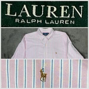 Ralph Lauren Men 16 1/2 Pink Gray Striped Oxford Button Down Long Sleeve Shirt